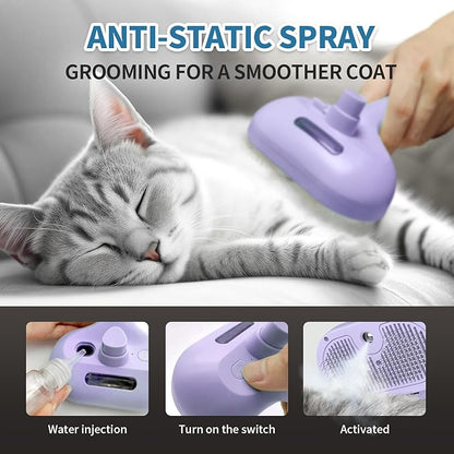3 in 1 Steam Cat Brush for Shedding - Self-Cleaning Dog Grooming Tool for Long and Short Hair Pets - Removes Static, Flying Hair, and Loose Fur (Purple)