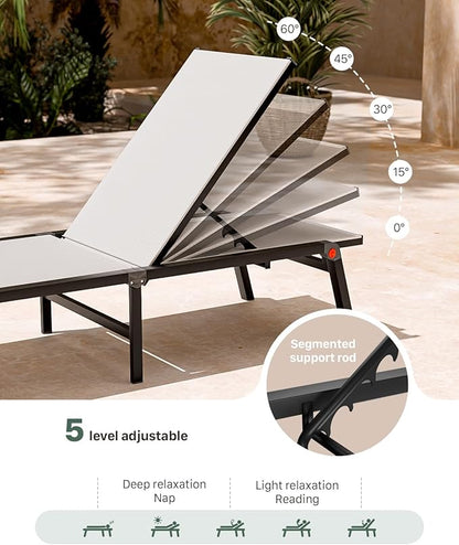 Aluminum Chaise Foldable Patio Lounge Chair Outdoor, Metal Deck Lounger Adjustable 5-Position Recliner Pool Chase Breathable Full Flat Outside Sun Tanning Chairs for Beach/Poolside/Lawn(White, 1Pack)