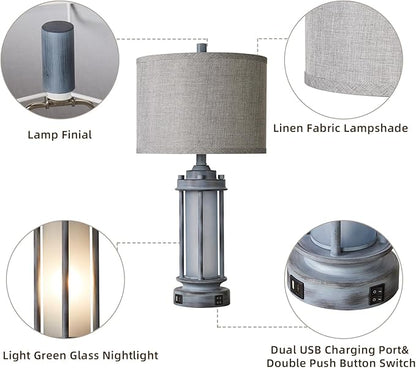 Set of 2 Rustic Table Lamps for Living Room, Farmhouse Vintage Nightstand Lamp with 2 USB Ports, Antique Retro Light Green Glass Night Light for Bedroom Entryway, 4 Bulbs Included