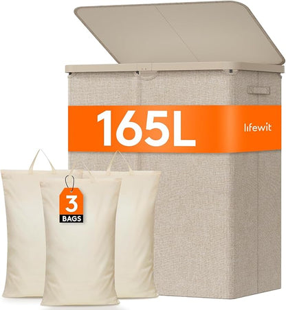 Lifewit 165L Laundry Basket with Lid, Large Laundry Hamper with Plastic Handles and Removable Bag, Foldable Tall Dirty Clothes Hampers for Laundry for Laundry Room, Bedroom, Bathroom, Dorm, Beige
