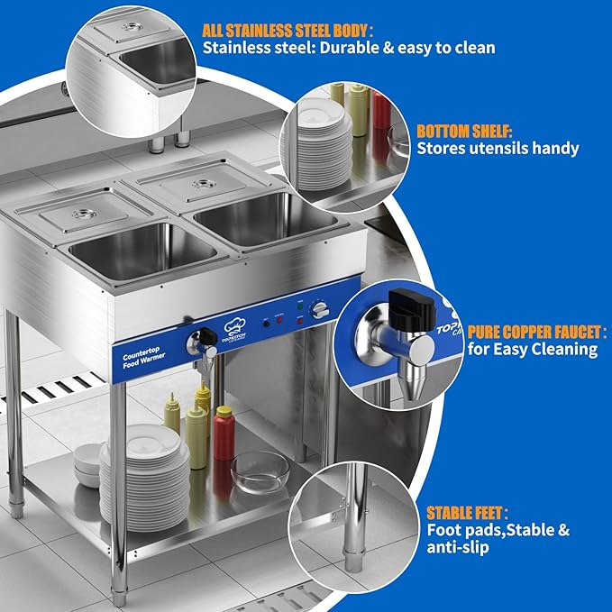 4-Pan Commercial Food Warmer, Electric Steam Table, 120V 1700W Stainless Steel