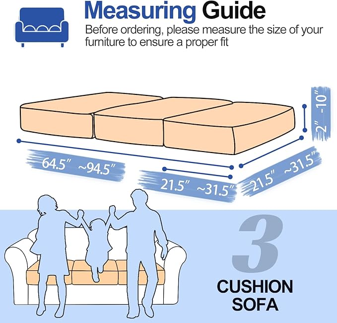 Couch Cushion Covers Individual Large Super Stretch Chenille (Softer Version) Sofa Cushion Covers, Couch Seat Covers Couch Slipcovers Furniture Protector (3PC, Khaki)