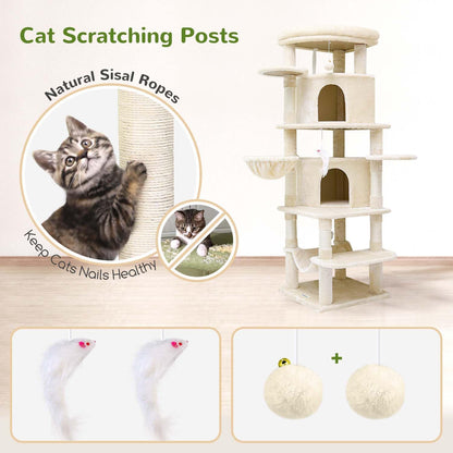 Globlazer Corner Cat Tree for Large Cats, 66inch Tall Curved Series Large Cat Tower for Multiple Indoor Cats with 6 Scratching Posts, 2 Spacious Cat Condos, Hammock, Hanging Basket, C66, Beige