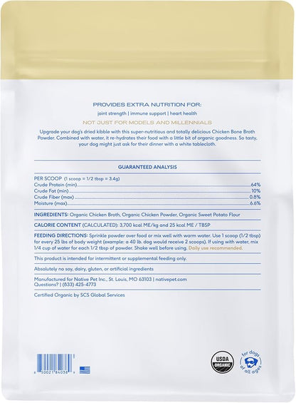 Native Pet Bone Broth for Dogs and Cats - Chicken Bone Broth Powder Dog Food Toppers for Picky Eaters - Provides Extra Nutrition for Joint Strength, Immune Support & Heart Health - 192 Scoops