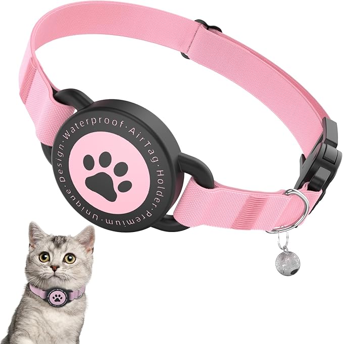 Airtag Cat Collar, Stretchy Kitten Collar with Apple Air Tag Holder, Lightweight and Comfortable, Ultra Elastic GPS Cat Collars for Cats Kittens and Puppies, 8-12.5 Inch, Pink