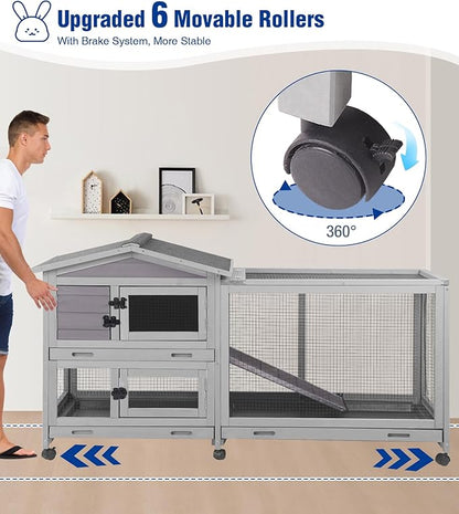 Large Rabbit Hutch Indoor, Bunny Cage Outdoor with Chew-Proof Ramp, 2-Story Guinea Pig Cages with 6 Wheels, 3 Pull-Out Trays, Waterproof Asphalt Roof, 62" L - Grey