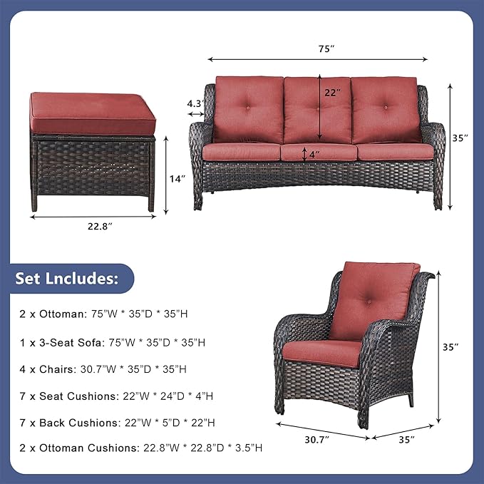Rilyson Wicker Patio Furniture Chairs Set - 7 Piece Rattan Outdoor Sectional Conversation Sets with 1 Sofa,4 Armrest Chairs and 2 Ottomans for Porch Deck Garden(Brown/Red)