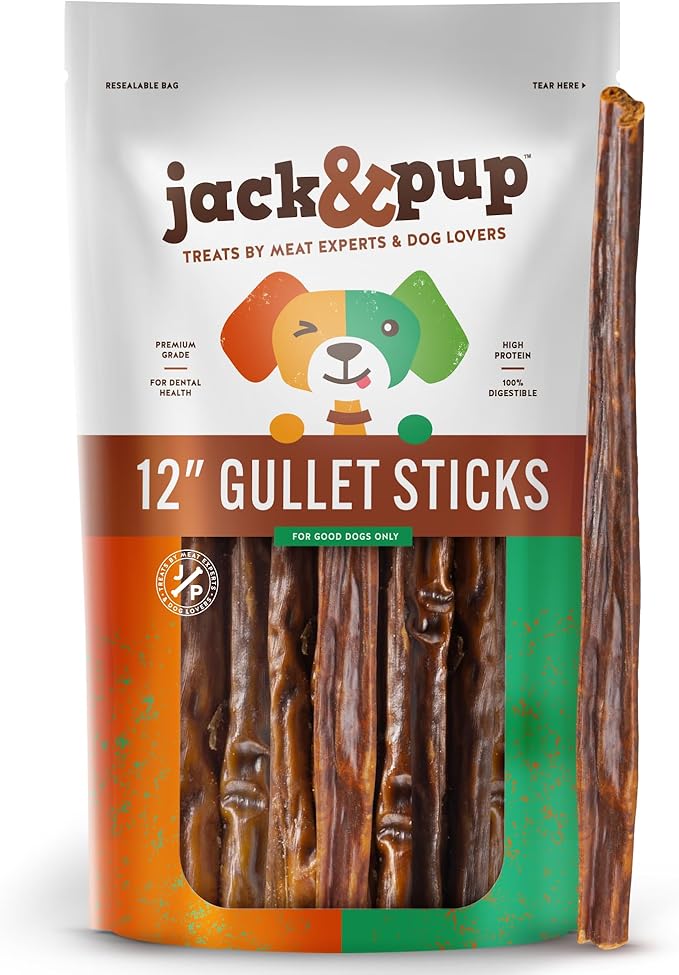 Jack&Pup Gullet Jerky Chew for Small Dogs | Single Ingredient Dog Treats with Glucosamine for Natural Joint Support (12" Gullet Sticks 20pk)
