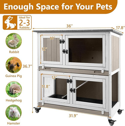 2 Story Rabbit Hutch Indoor & Outdoor, Wooden Rabbit Cage with 2 Leak-Proof Pull-Out Trays, 4 Wheels, Ramp, Chew-Anti Metal Strip for Rabbit, Guinea Pig, Hamster (36" L x 17.8" W x 36.7" H)