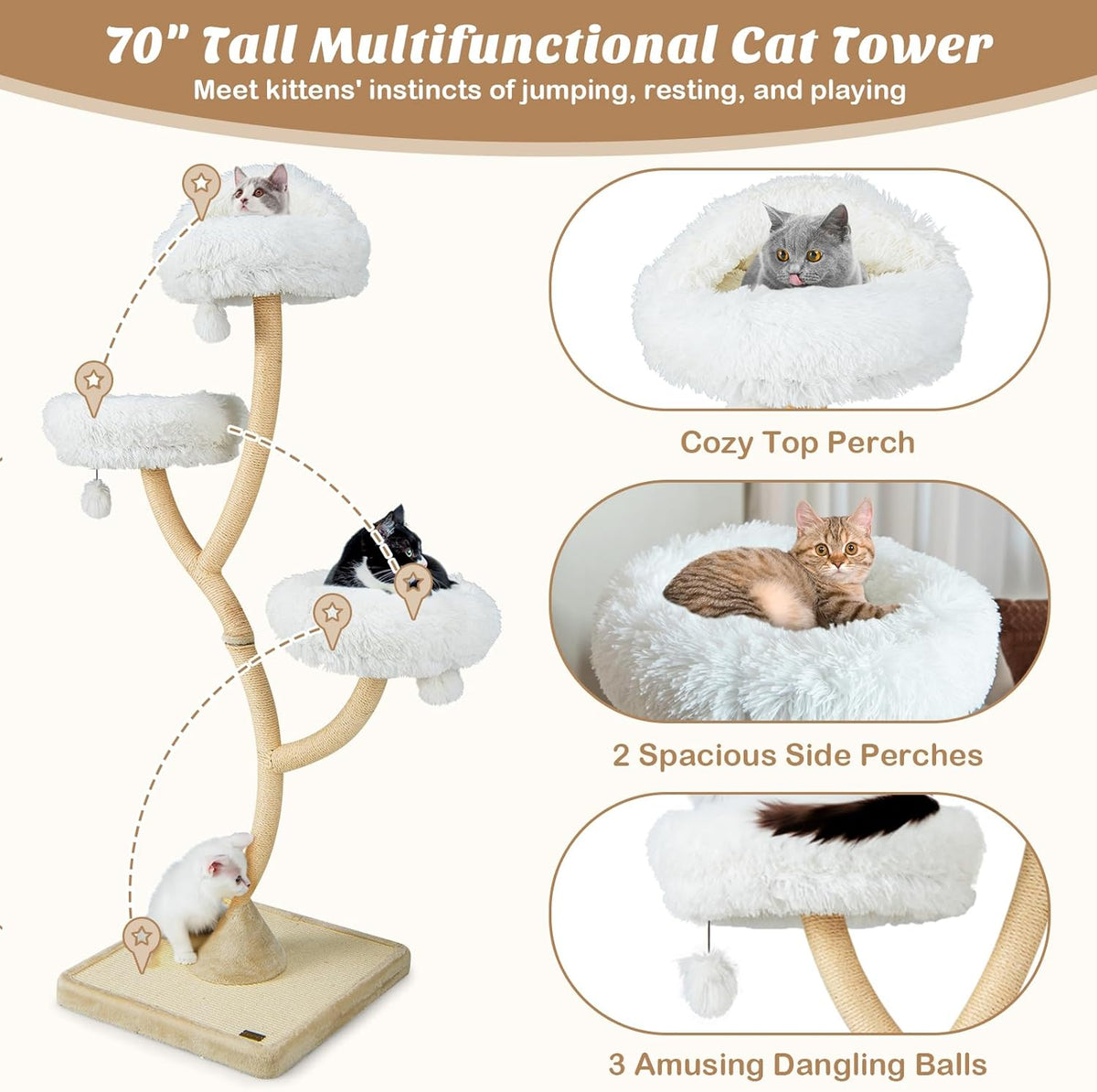PETSITE 70" Tall Cat Tree, Cat Tower with Scratching Posts and Board, Multi-Level Cat Tower for Large Cats 20 lbs+ with 3 Cozy Perches and Dangling Balls, Modern Cat Tree for Indoor Cats Large Adult
