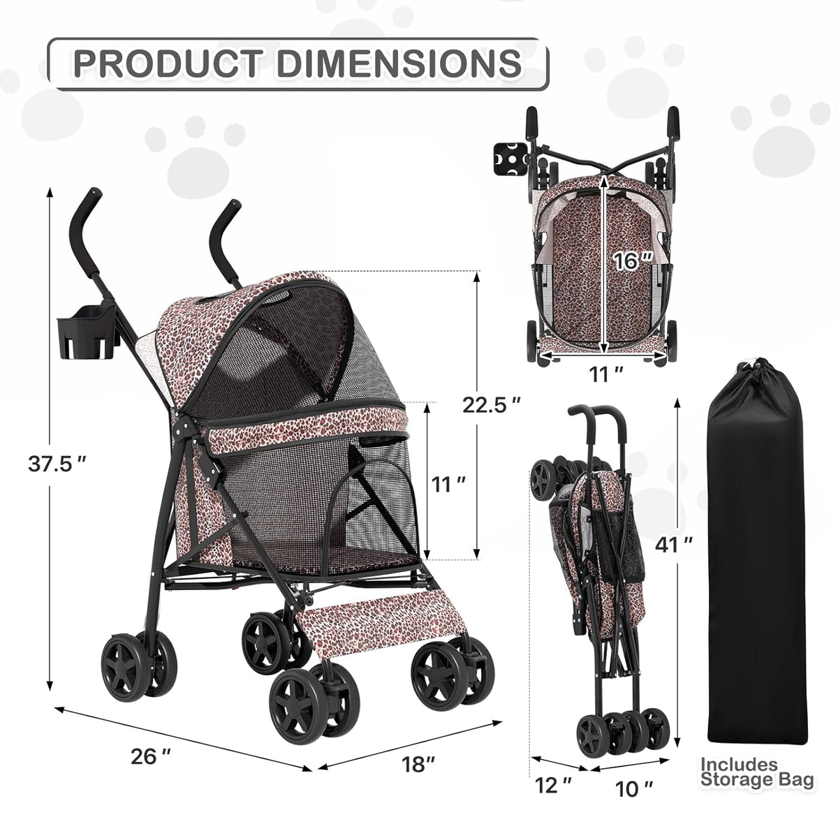 MoNiBloom 4 Wheels Pet Stroller, Easy-Fold Umbrella Shaped Dog Cat Jogger Stroller w/Storage Bag & Visible Mesh for Small/Medium Dogs Cats Leopard Print