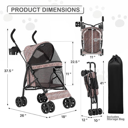MoNiBloom 4 Wheels Pet Stroller, Easy-Fold Umbrella Shaped Dog Cat Jogger Stroller w/Storage Bag & Visible Mesh for Small/Medium Dogs Cats Leopard Print