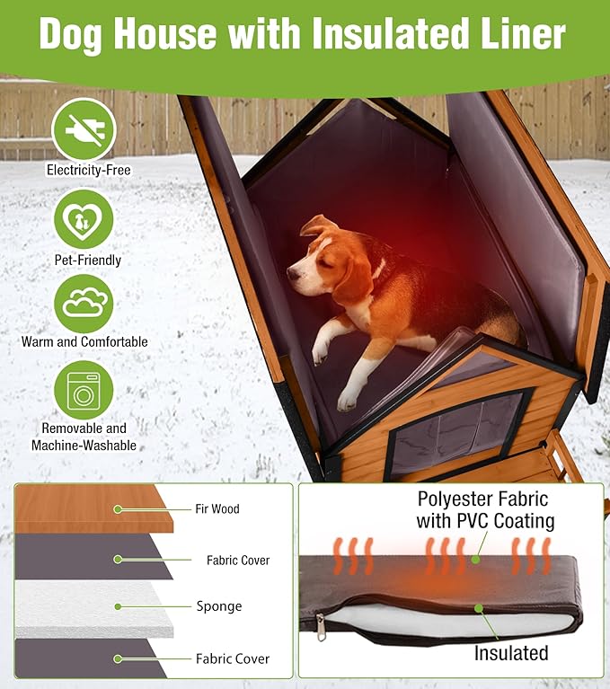GUTINNEEN Insulated Dog House Outdoor, Waterproof Dog Kennel with Anti-Bite Design, Asphalt Roof, Elevated Base, PVC Curtain, for Small to Medium Dogs - Brown
