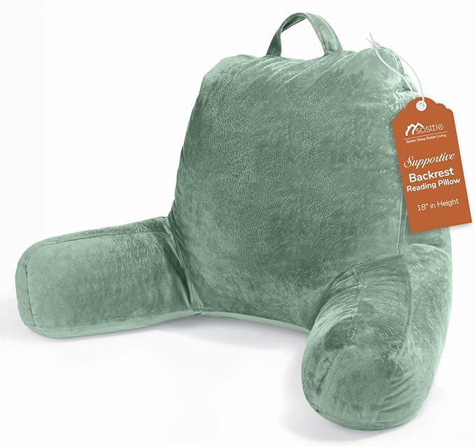 Sasttie Reading Pillow, Velvet Back Pillow for Bed Sitting Up, Adult Back-Rest Support Cushion with Arms for Sit Up on Couch, Sofa, and Floor, Dorm Essentials, Reading Accessories, Sage