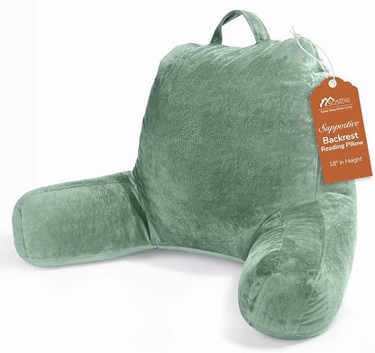 Sasttie Reading Pillow, Velvet Back Pillow for Bed Sitting Up, Adult Back-Rest Support Cushion with Arms for Sit Up on Couch, Sofa, and Floor, Dorm Essentials, Reading Accessories, Sage