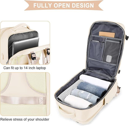coowoz Large Casual Travel Backpack For Women Men,Carry On Rucksack Flight Approved,Hiking Waterproof Outdoor Sports Daypack Fit 15.6 Inch Laptop Shoes Compartment (Beige)