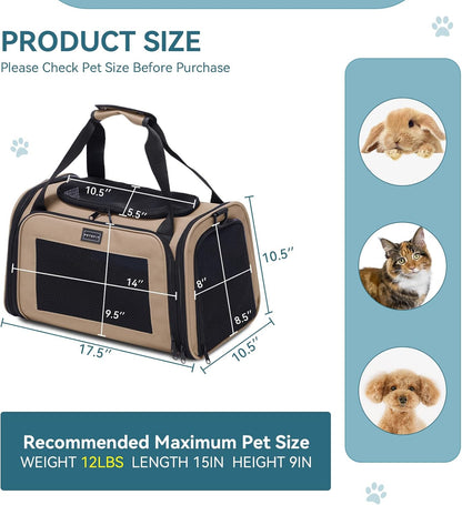 PETSFIT Pet Carrier for Cat, Small Dogs, Dog Carrier Airline Approved, TSA Approved Soft Cat Carrier for Travel, Small Animal Carrier for Pets Under 12 Lbs, Khaki