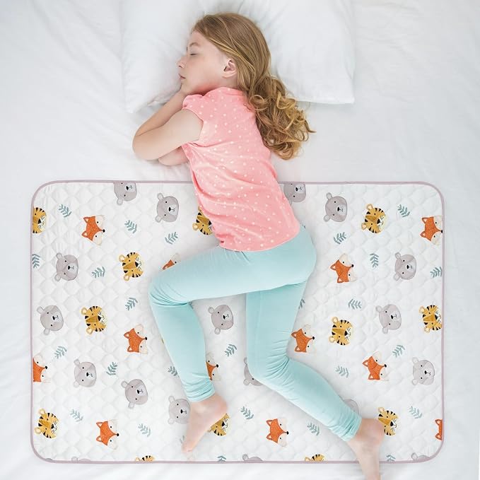 Organic Incontinence Pads for Kids & Toddlers - 5 Layer Waterproof Protectors for Overnight Bed Wetting - Reusable & Washable Pee Pads - Fits Twin to Full Size Beds - 34" x 52" Tiger Bear Fox