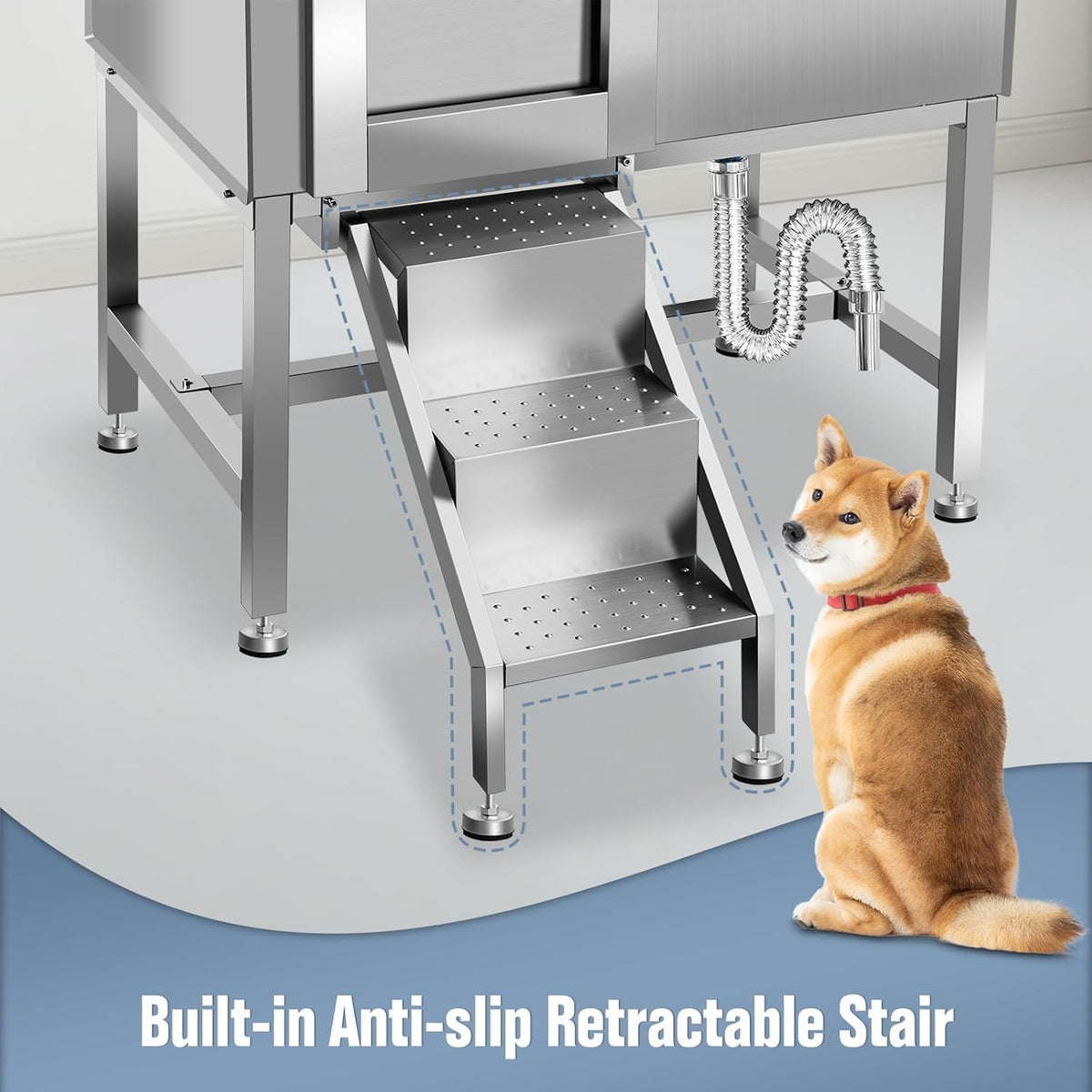 38" Dog Bathing Station, Professional Dog Washing Station Stainless Steel Dog Grooming Tub for Home,Equipped with Three Anti-Slip Steps, Removable Door, Pet Wash Station for Pet,L-RAMP