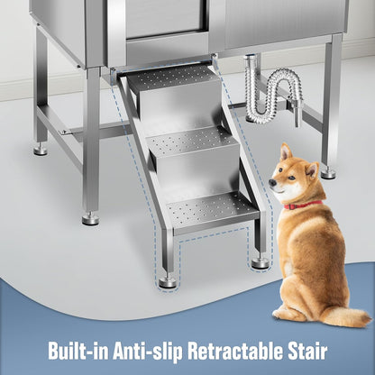 38" Dog Bathing Station, Professional Dog Washing Station Stainless Steel Dog Grooming Tub for Home,Equipped with Three Anti-Slip Steps, Removable Door, Pet Wash Station for Pet,L-RAMP