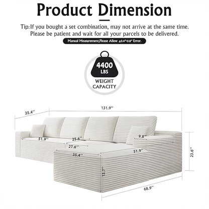 3-Piece Boneless Modular Sectional Sofa, Cloud Couch with Right Facing Chaise, Oversized Deep Seat, Soft Corduroy Fabric, Sectional Couch for Living Room-White