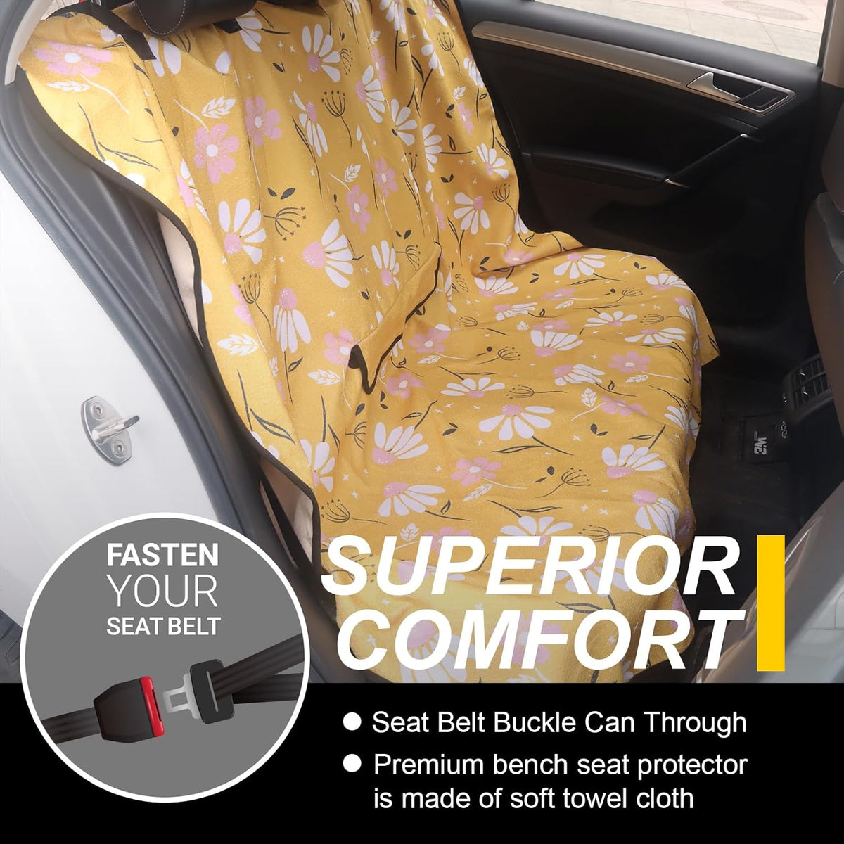 Back Seat Cover for Car Trucks Van SUV,Waterproof Rear Bench Towel Seat Covers for Dogs and Kids,Automotive Backseat Protector (Chamomile and Yellow)