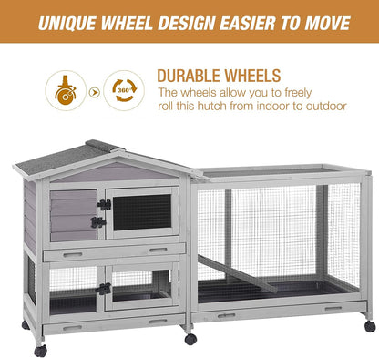 Bunny Cage Indoor and Outdoor Rabbit Hutch with Casters Waterproof Roof, Pull Out Tray from Back and Front 61.2" L x 22.6" W x 33.5" H