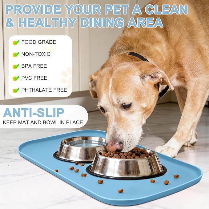 SMILOOL Waterproof Silicone Pet Food Mat with Raised Edge for Dog & Cat | 24" x 16" Non-Slip Pet Feeding Mats with Lip for Food & Water Bowl, Food Grade, Easy Cleaning, Light Blue