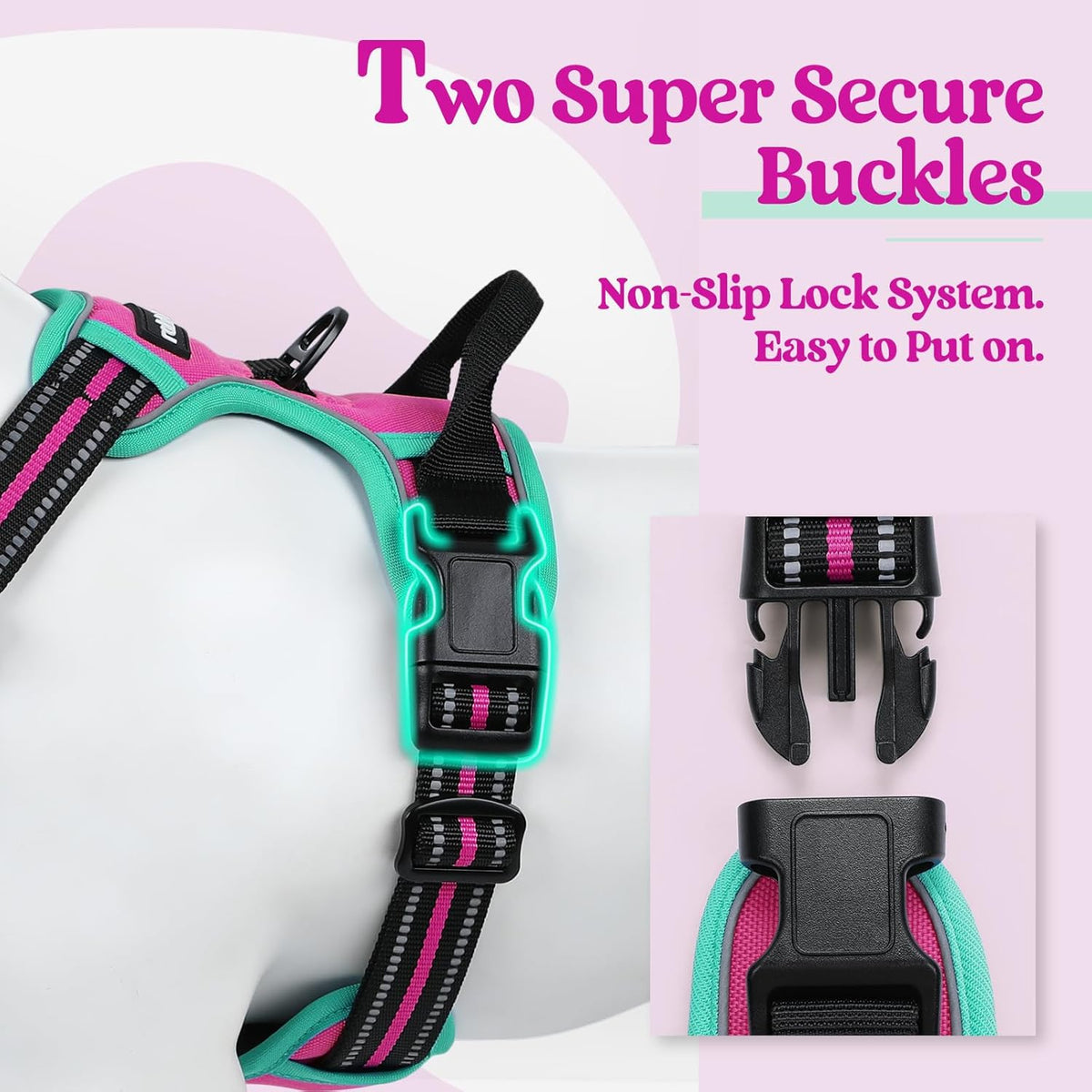 rabbitgoo Dog Harness No Pull with 2 Leash Clips, Adjustable Soft Padded, Reflective Oxford No Choke Pet Vest with Easy Control Handle for Large Dogs, Hot Pink & Turquoise, XL
