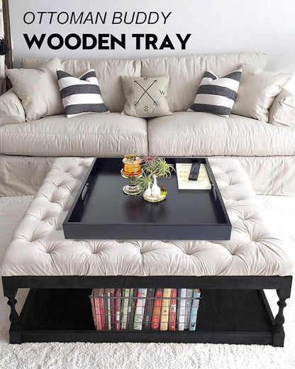 20 Inches Square Wooden Ottoman Tray Black, Large Wood Serving Tray with Handles for Living Room, Serving Food Breakfast, Ottoman Coffee Table Couch Sofa Kitchen
