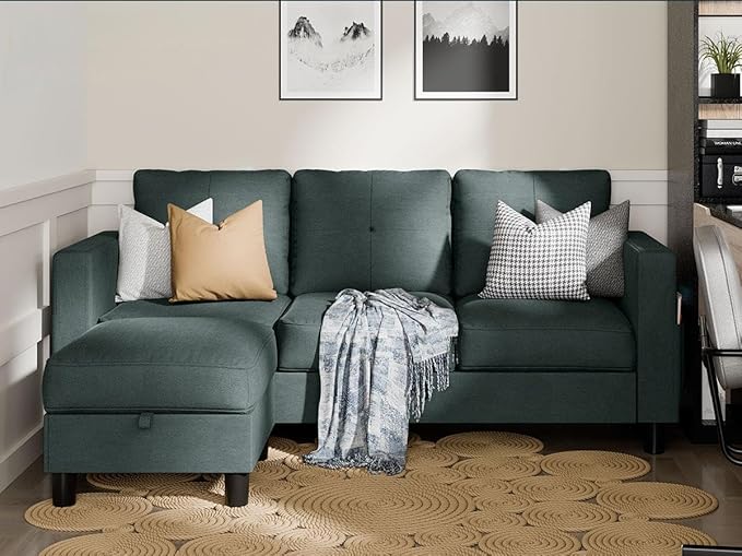 SUNLEI Convertible Sectional Couches for Living Room, L Shaped Couch with Movable Ottoman Storage, 3 Seat Small Couches for Living Room in Apartment, Linen Fabric, Dark Grey