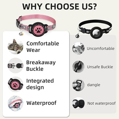 Waterproof Airtag Cat Collar, Reflective With Bell, Breakaway Holder, Lightweight for Apple Air Tag, GPS Collars for Girl Boy Cats, Kitten (Pink)