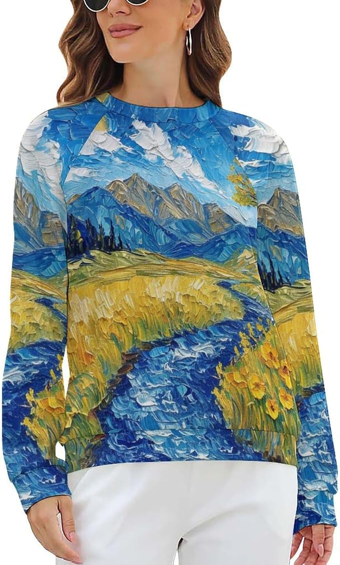 Long Sleeve Shirts for Women Cat Oil Painting Shirt 3D Graphic Sweatshirts Fall Pullover Crewneck Vintage Boho Tops