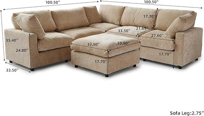 JACH V Shape Sectional Couches with Chaise Ottoman, Convertible Modular Sofa, Cloud Sectional Couch, Sofa Covers Washable, Minimalist Couch for Living Room, Apartment, Khaki