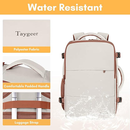 Taygeer Backpack for Women, College Backpack with Laptop Compartment & Shoe Pouch, 35l Travel Laptop Mochila Carry On Luggage, Airline Approved Personal Item Bag For Weekender Gym Hiking, Khaki White