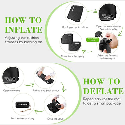 GDREAMT Inflatable Seat Cushion, Self-Inflating Memory Foam Stadium Seats Cushion Lightweight & Compact Chair Sitting Pad Airplane Cushion for Long Flight Travel Outdoor Camping Car Bleachers Office