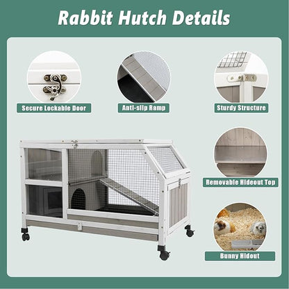Gowoodhut Indoor Rabbit Hutch - 36''L Outdoor Wooden Bunny Hutch with Wheels Rabbit Cage Guinea Pig Cages Removable Pull Out Tray, Ramp, Hideout, Small Animals Pet House Hamster Ferret for Bunny Cage