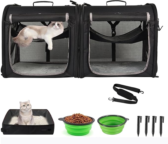 Portable 2-in-1 Pet Carrier for Medium Dogs Large Cat Carrier for 2 Cats Travel Double Dog Crate Set with Portable Carry Bag/Hammocks/Mats/Tent Stakes/2 Pcs Pet Bowls for Outdoor Camping