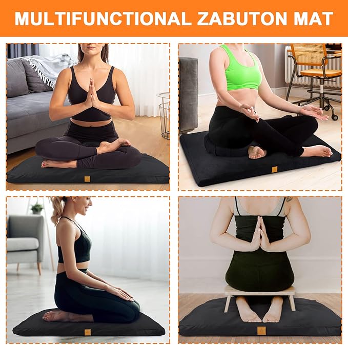FelizMax Zabuton Meditation Mat (36"×28"×3") Luxurious Meditation Cushion for Kneeling Sitting Large Floor Pillow Zafu/Bench-Washable Cotton Cover 100% Organic Cotton Filling (Green)