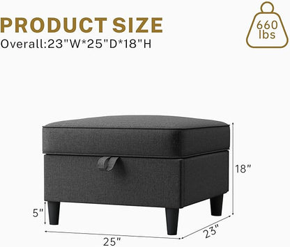 25 inch Square Storage Ottoman for Modular Sectional Sofa, Oversized Bench Ottoman Coffee Table Foot Stool, Convertible Sectional Couch for Living Room, Dark Grey
