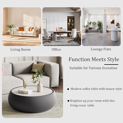 Grey Round Coffee Table with Sintered Stone Tabletop, 27.55" Drum Coffee Table with Fluted PU Leather Covered and Stable Base, Circle Cocktail Tea Table for Living Room