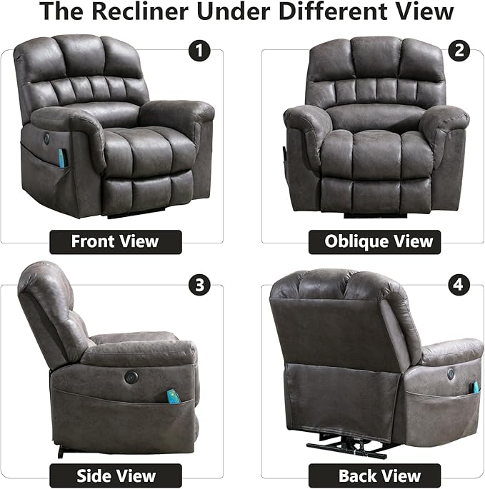 Large Power Lift Recliner Chair with Massage and Heat for Elderly, Faux Leather Electric Lifting Recliners with USB Port, Overstuffed Wide Reclining Sofa Chairs for Living Room, Grey