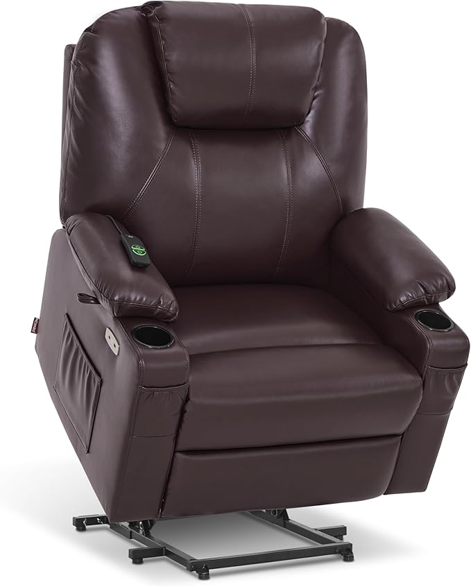 MCombo Oversized Power Lift Recliner Chair for Elderly, Lift Chair with Heat and Massage for Big and Tall, USB&Type C Ports, Cup Holders, Faux Leather R7510 (Dark Brown, Large-Wide)