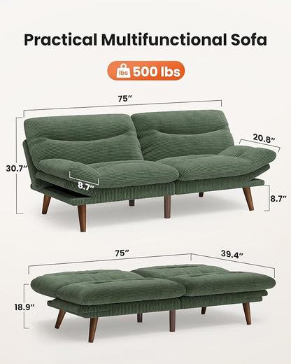 Amada 75" Convertible Futon Sofa Bed, Corduroy Folding Futon Set with Adjustable Backrest &Armrests, Recliner Lounge for Living Room, Apartment or Office, Solid Wood Frame, Loveseat Sofa -Forest Green