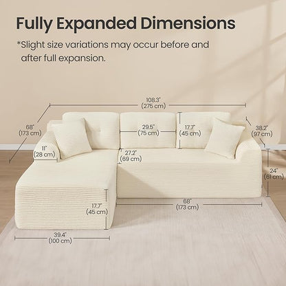 VASAGLE 108.3 Inches Boneless Couch with Chaise, Modular Sectional Sofa, Modern Cloud Couch with Deep Seat, L-Shape Corduroy Sofa for Living Room, Left-Facing Chaise, Bedroom, Cream White ULCS181WD01