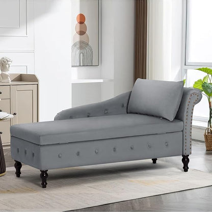 ACMEASE Upholstered Chaise Lounge with Right Armrest & Lumbar Pillow,Button Tufted Lounge Sofa with Storage,Lounge Chair Indoor,Modern Velvet Lounge Chair for Bedroom, Living Room and Office,Grey