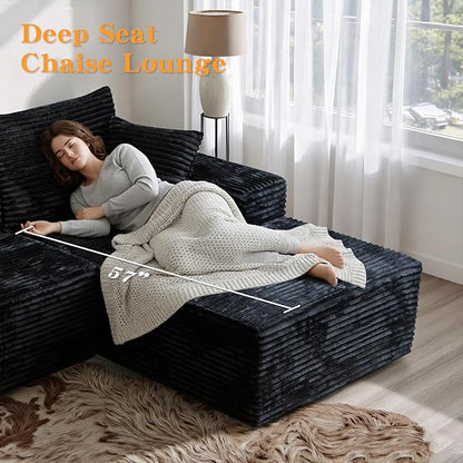 106'' Boneless Couches for Living Room, L Shaped Modular Sectional Sofa with Chaise Lounge, Faux Rabbit Fur & Layered Cushion Deep Seat Cloud Couch, No Assembly (Black, Right Facing Chaise)