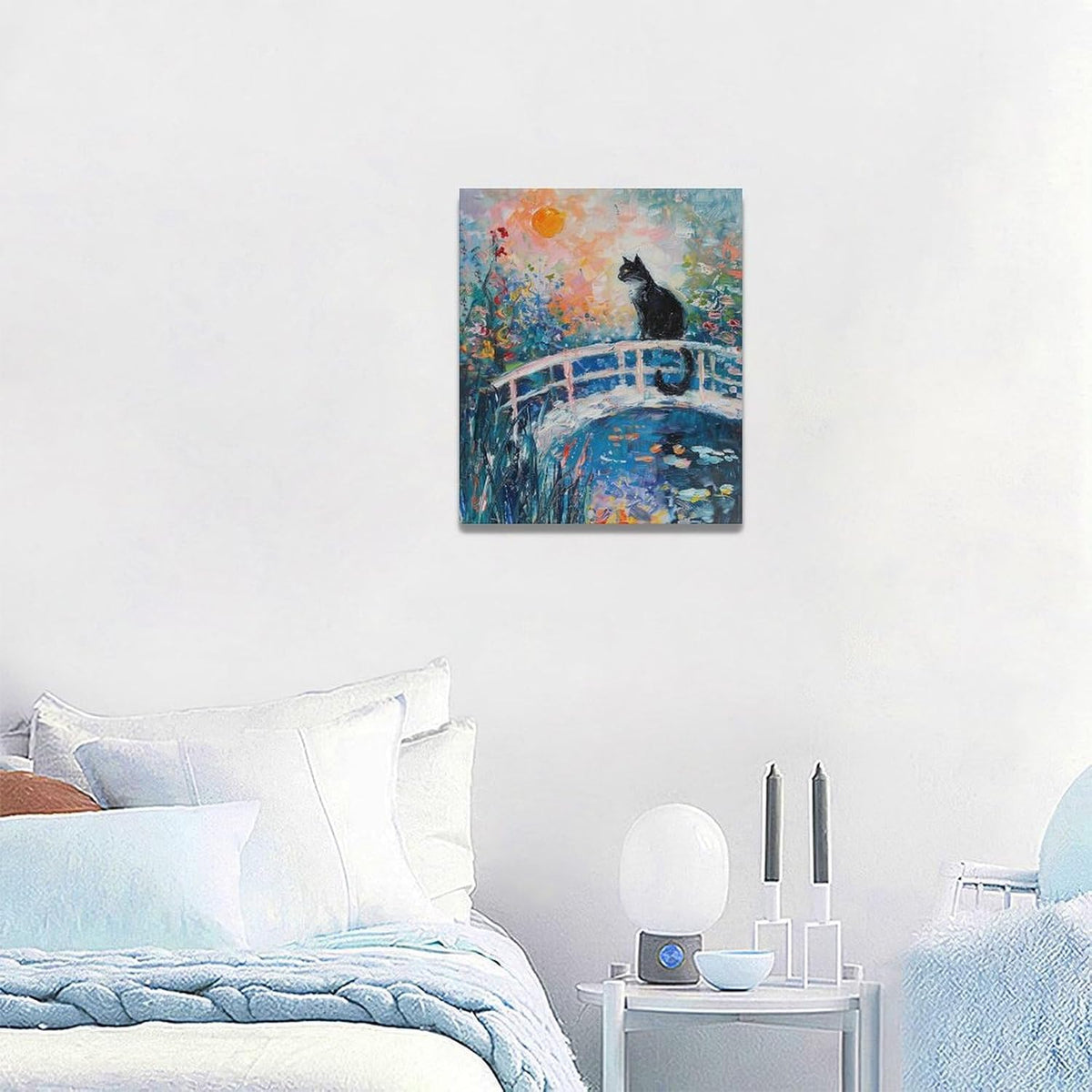 Quorin Black Cat Wall Art Water Lily Sunset Pictures Cat Wall Decor Impressionism Canvas Print Painting Artwork for Bathroom Living Room Bedroom 20"x24"