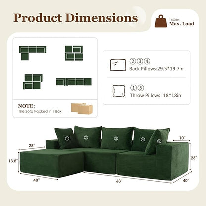 INGEROOM 108" Cloud Sectional Couch with L-Shape Chaise, Modular Sofa Memory Foam, Boneless Sofa with Movable Ottoman, Plush Corduroy Memory Foam Couch for Living Room, No Assembly, Forest Green
