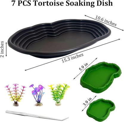 Reptile Bathing Pool 7 Pcs Tortoise Water Dish with Ramp Extra Large Turtle Feeding Bowl with Steps Reptile Food & Water Dishes 2-in-1 Gecko Habitat Decoration Accessories Lizard Bath Tub